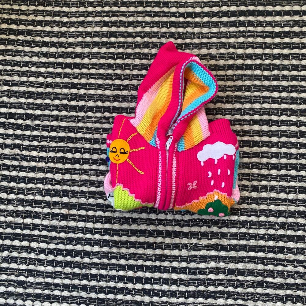 🌿Native Andes Girls Pink Pasture Animals Handmade Hooded Sweater 0